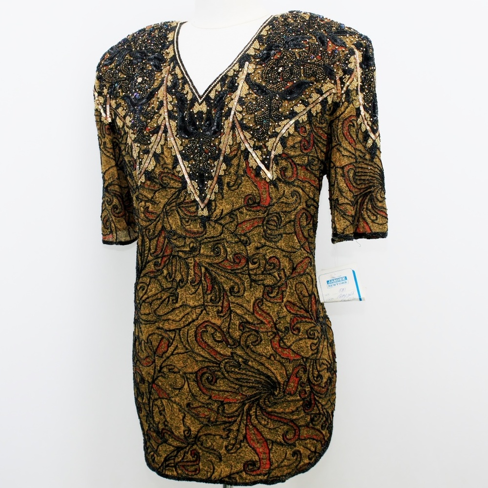 Jasdee Vintage TunicBlouse HandWork Bead&Sequins & Hand Print On Silk Style 6130